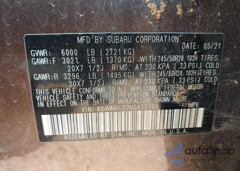 2021 Subaru Ascent Limited z USA, uszkodzony, nr VIN 4S4WMALD2M3455368